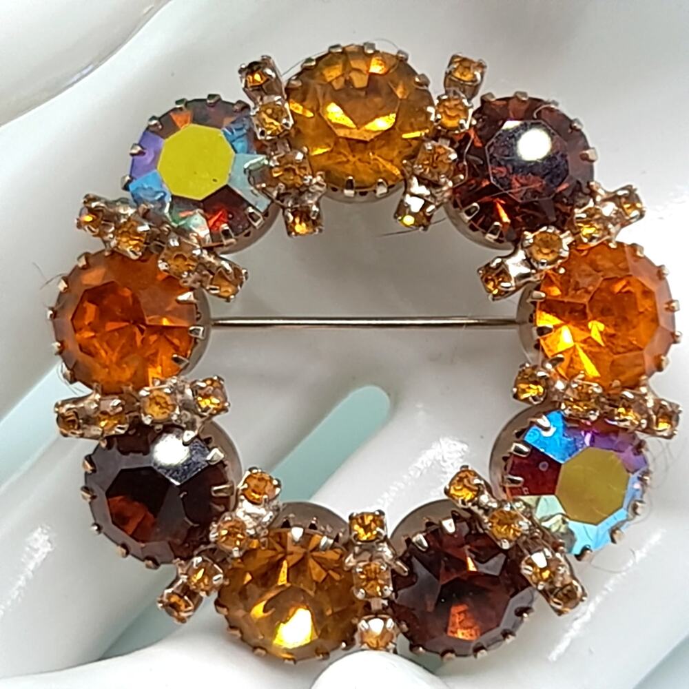 Vintage Karu Arke Style Autumn Rhinestone Wreath Brooch Topaz AB 1.75"